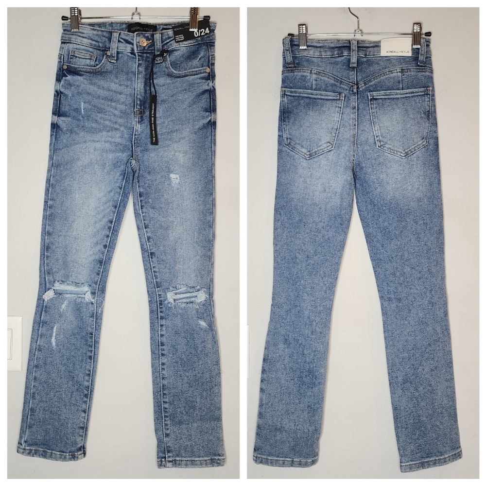 NWT Kendall & Kylie Icon Highrise Straight Distressed Stretch Denim Jeans Size 0